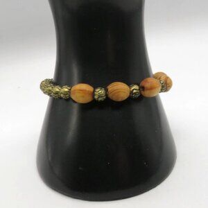 Beaded Bracelet Natural Wood Metal Beads Rose Embellished Brass Tone Stretch